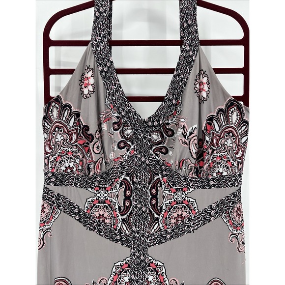 Y2K Style Maxi Dress XL Coral Gray Sleeveless Stretch Paisley Boho Cruise Wear - Picture 10 of 11